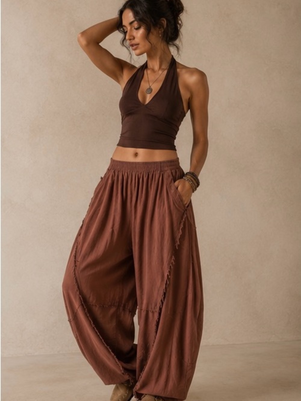 Boho Wide-Leg Harem Pants in Chocolate Brown
